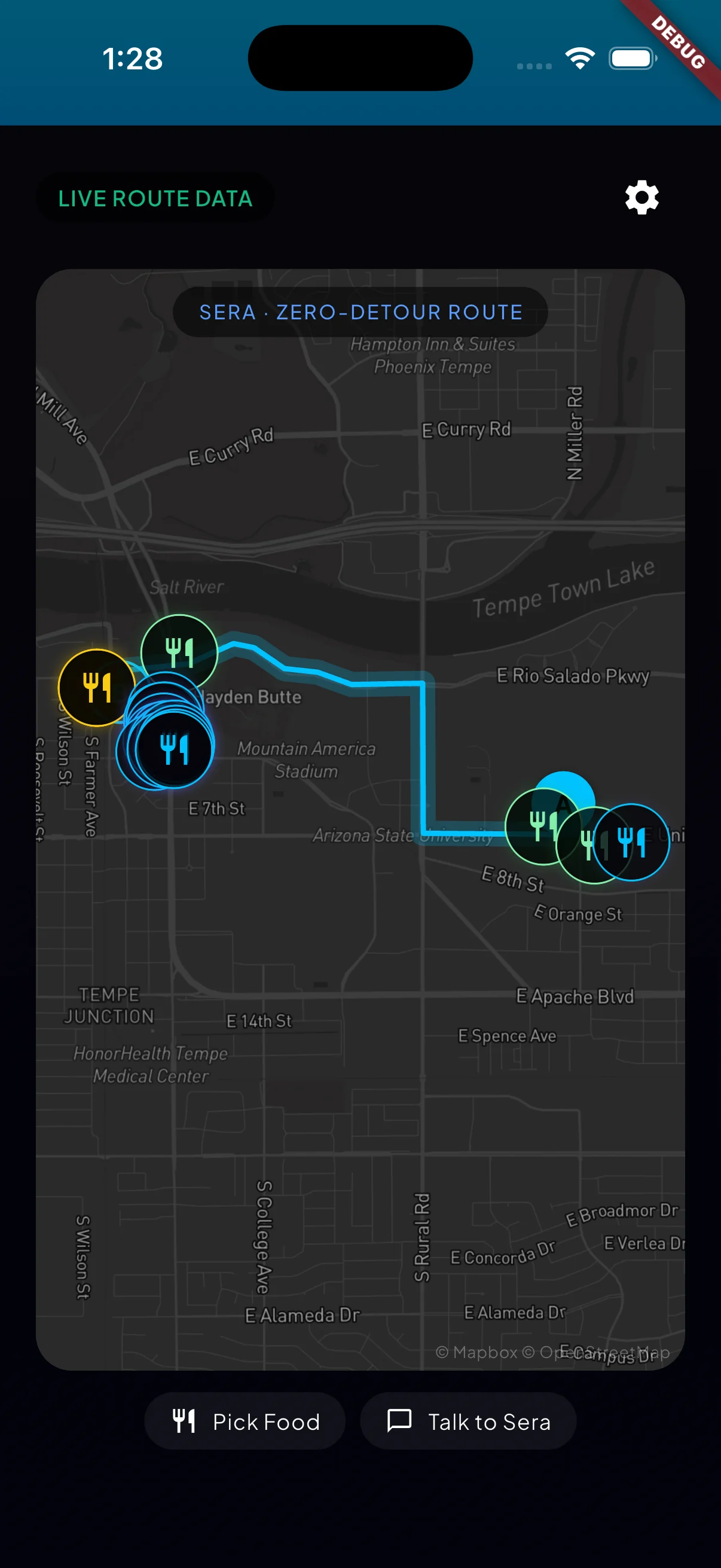Current Tesseract map showing the zero-detour route through Tempe